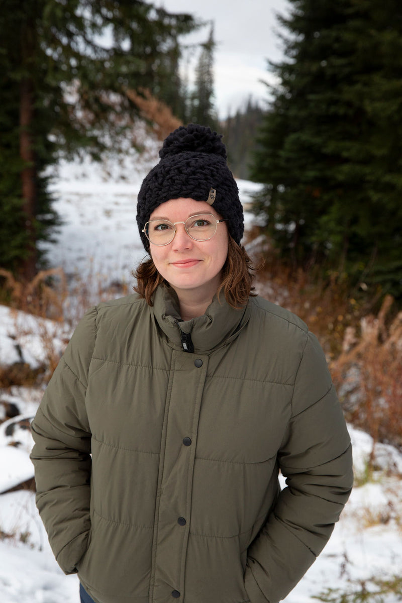 chunky black merino toque with pom pom hand crocheted in Canada